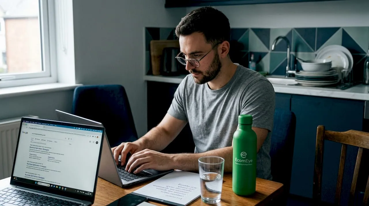 Man writing product meta descriptions at kitchen table