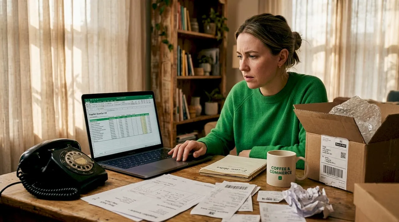 Small business owner reviewing supplier spreadsheet