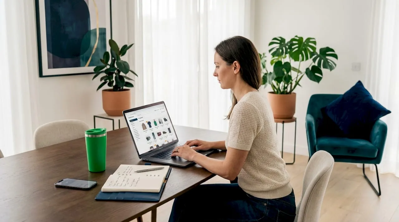 Shopper browsing laptop in kitchen, browsing categories