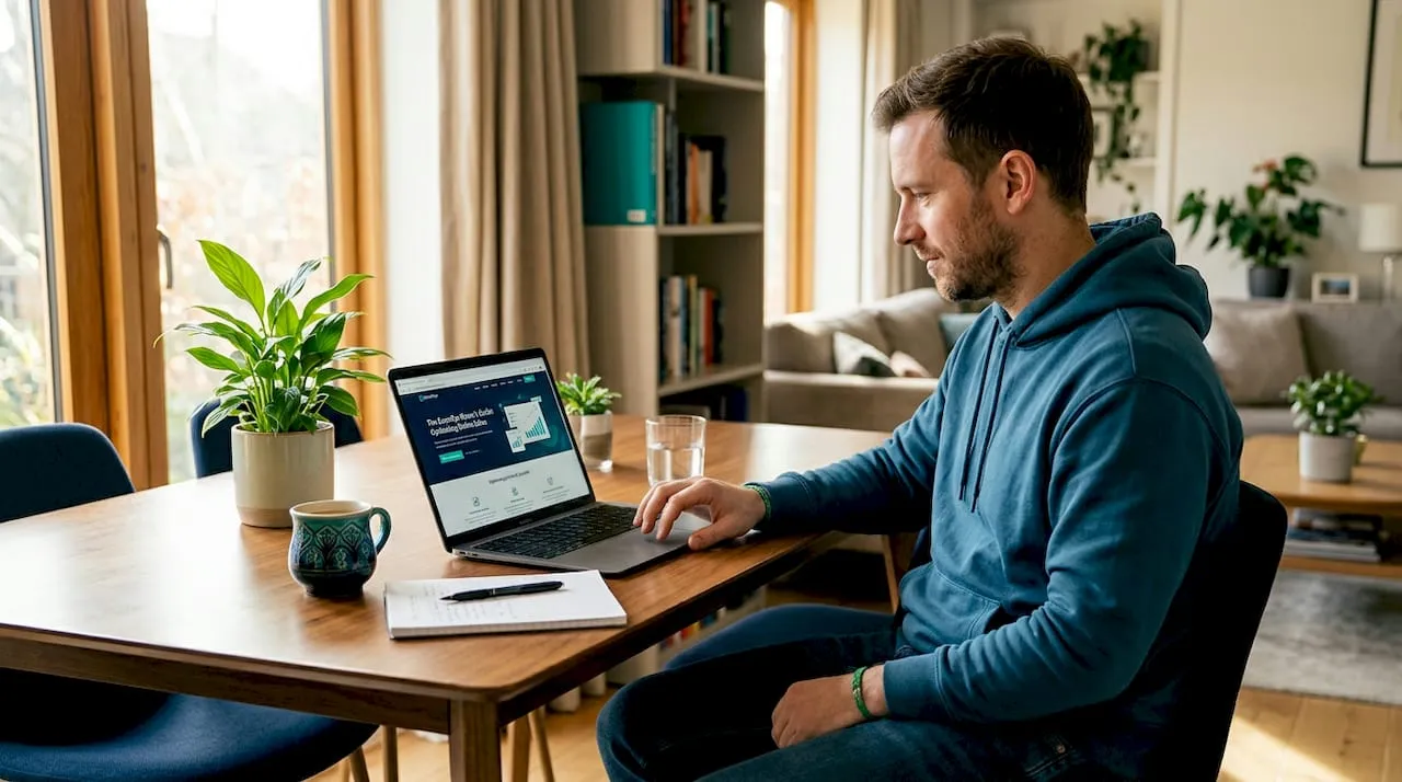 Shopper browsing ecommerce buying guide at home desk