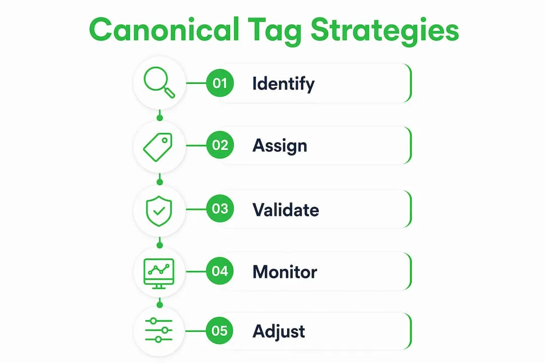 Infographic showing five key ecommerce canonical tag strategies