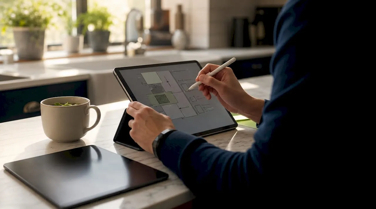 Hands annotating ecommerce URL diagrams on tablet