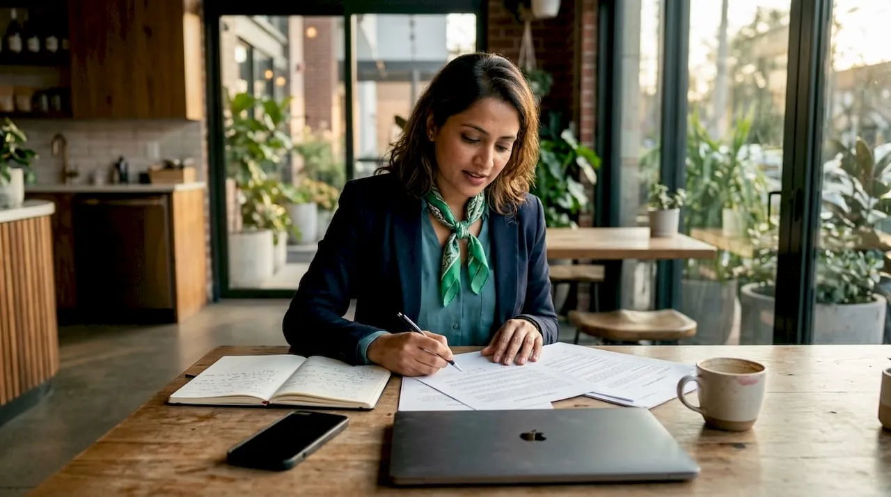 Entrepreneur reviewing compliance documents at desk
