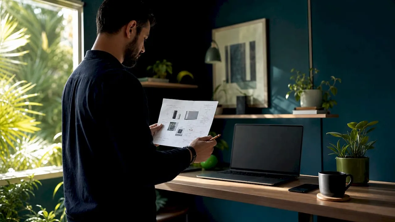 Person reviewing printed product page layout