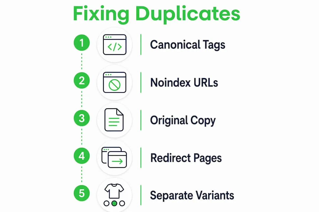 Infographic showing steps to resolve duplicate product pages