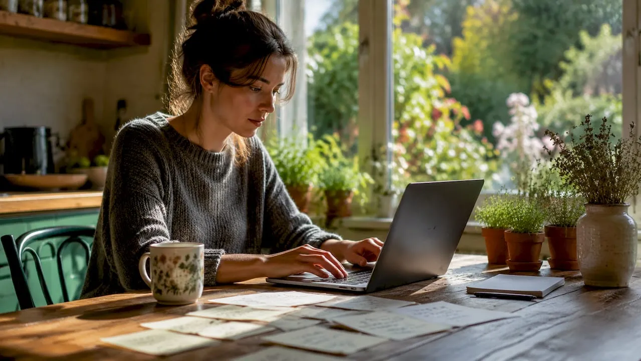 Woman writing product descriptions at desk