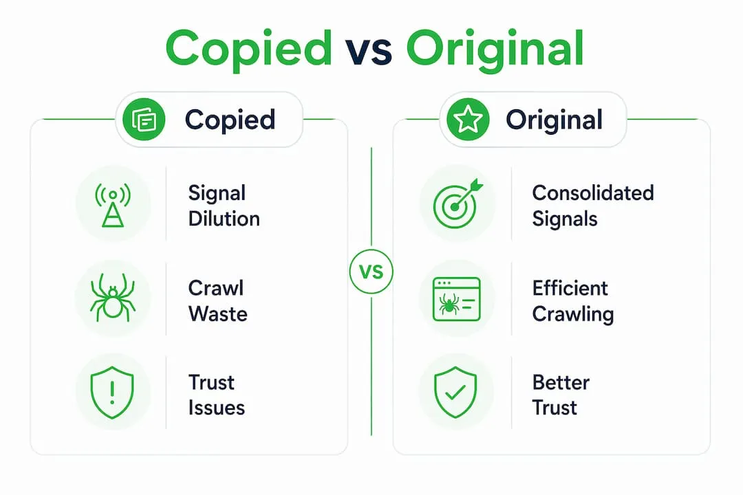 Infographic comparing copied and original product descriptions