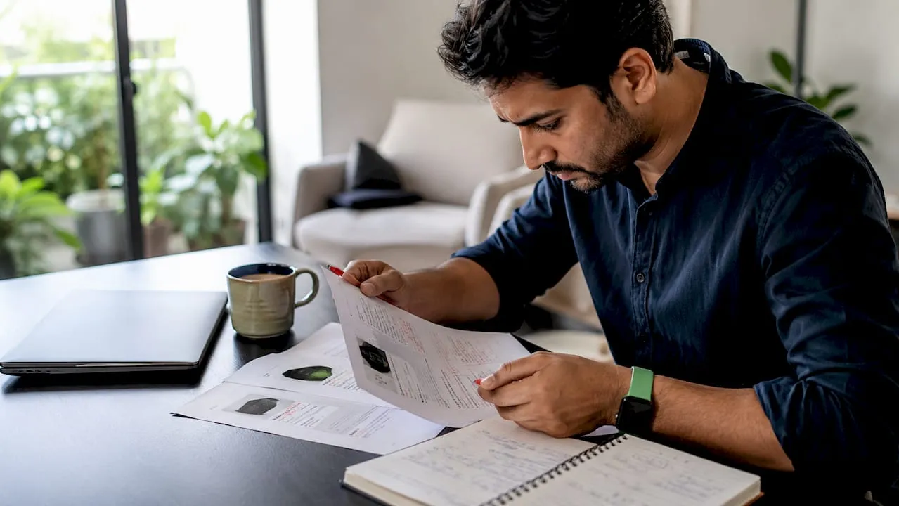 SEO specialist reviewing product descriptions at desk