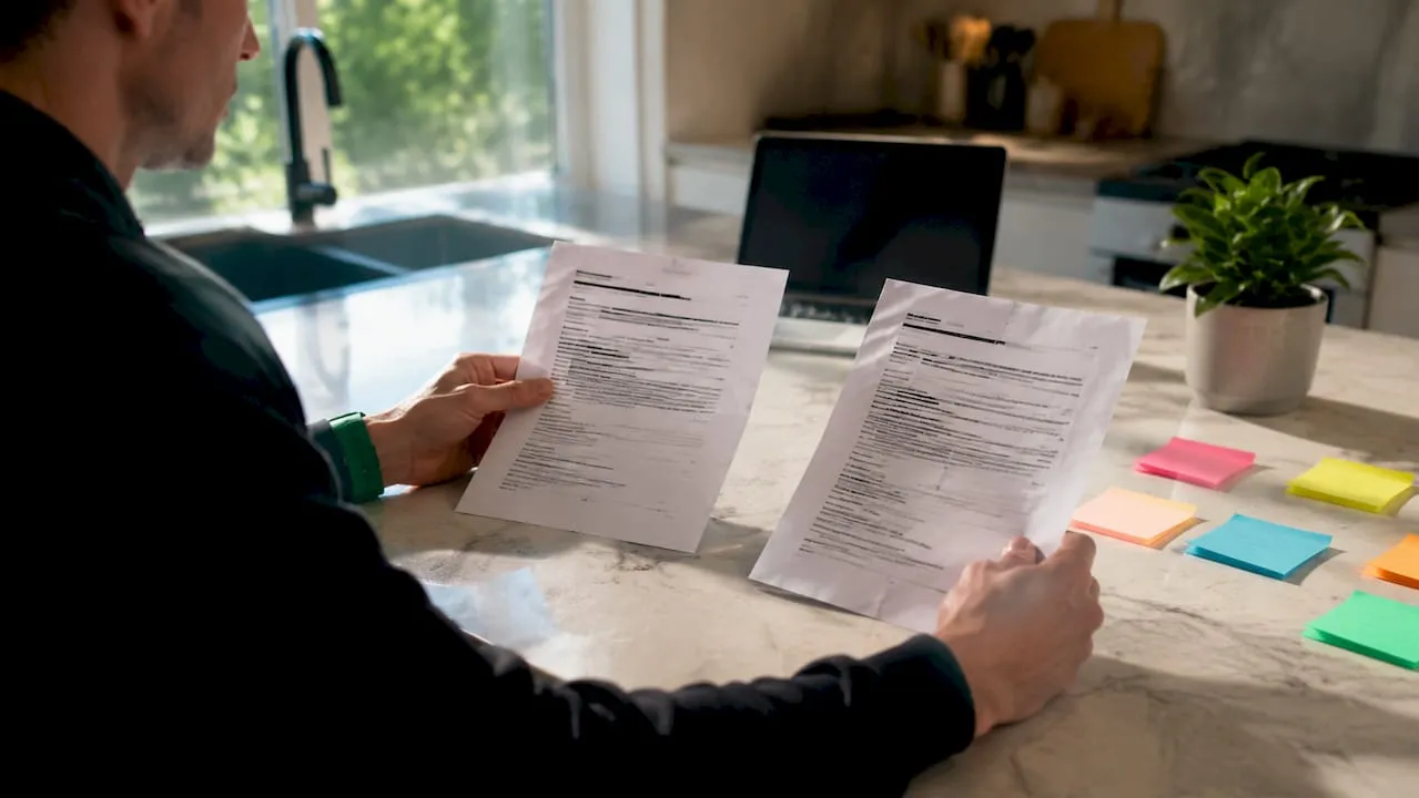 Hands holding original and copied product description papers