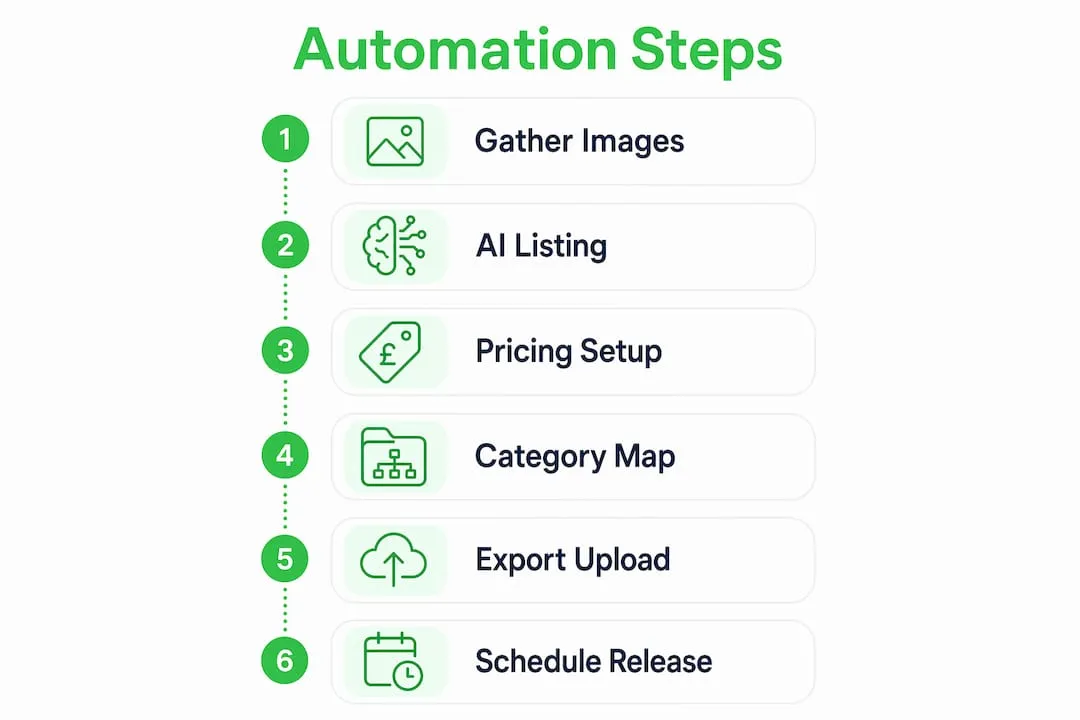 Infographic illustrating steps for bulk listing automation