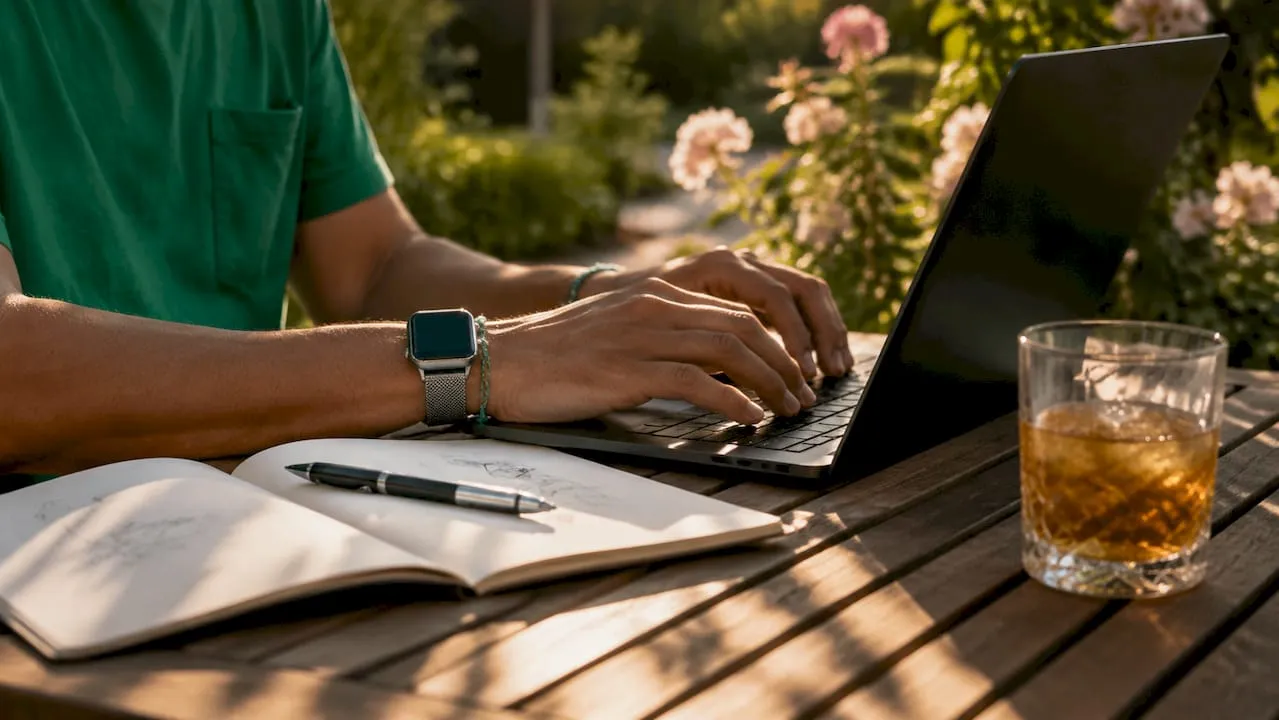 Hands typing on laptop using AI software