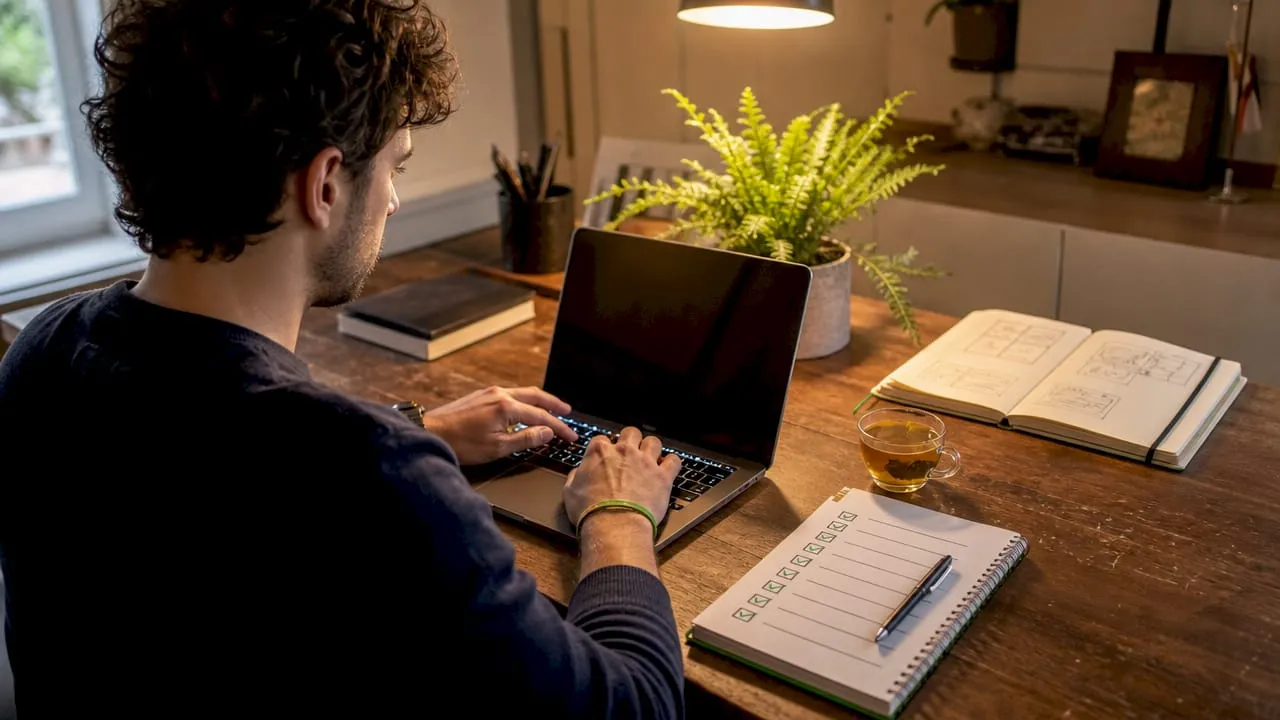 Hands typing benefit-focused product copy
