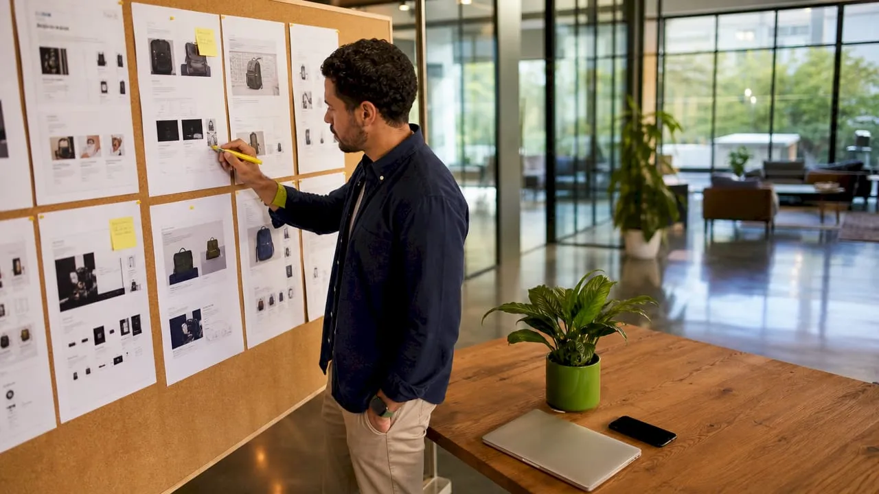 Marketer reviewing printed product page layouts