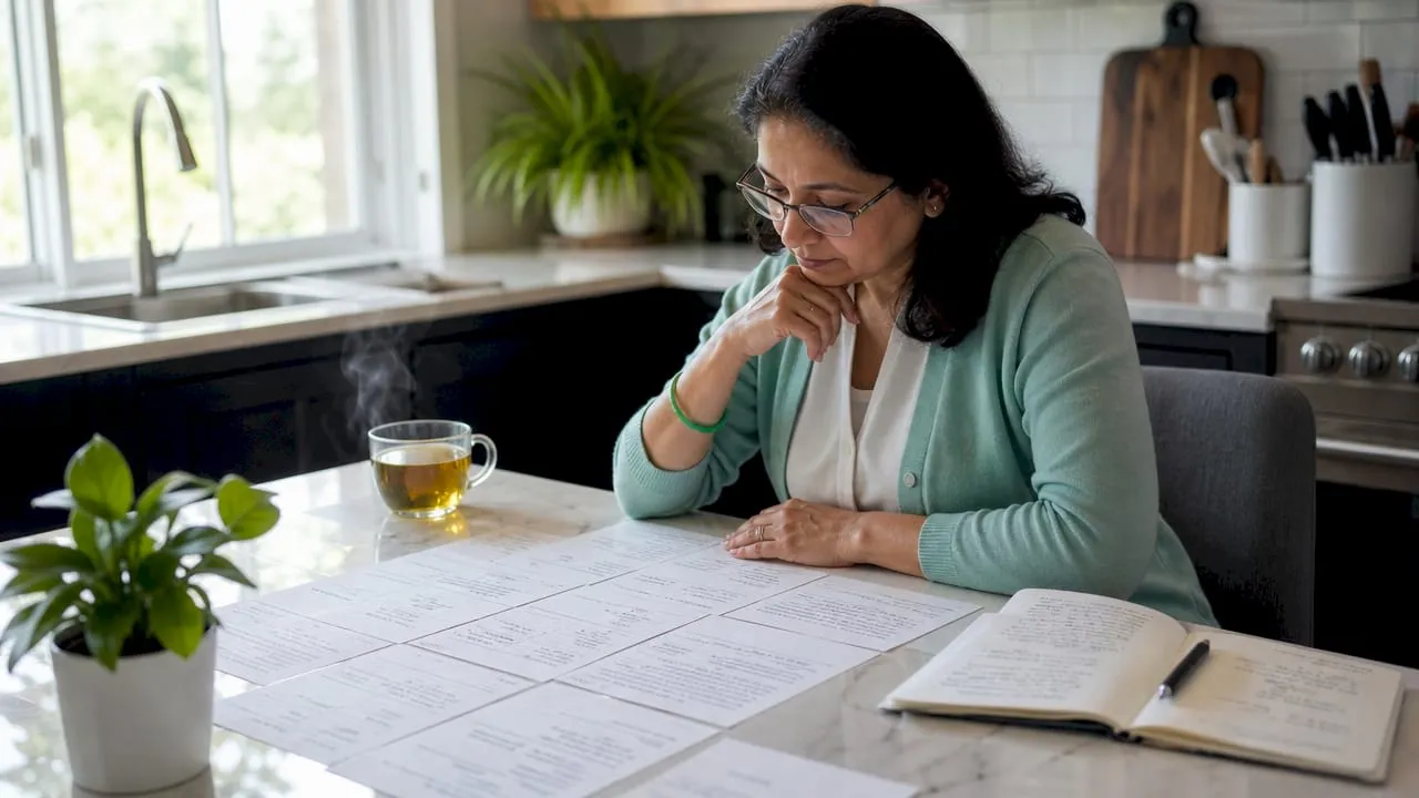 Woman analyzing semantic SEO notes at desk
