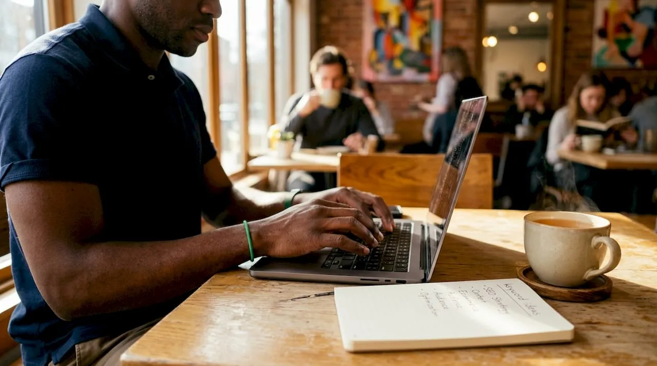 Hands typing on keyboard with SEO sheets