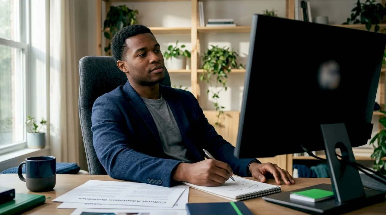 Man reviewing localised product images at office desk
