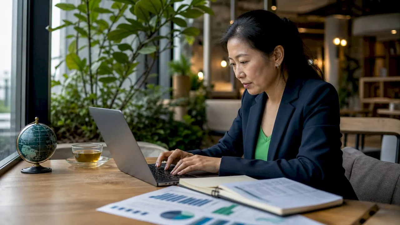 Woman working on international product pages at home office