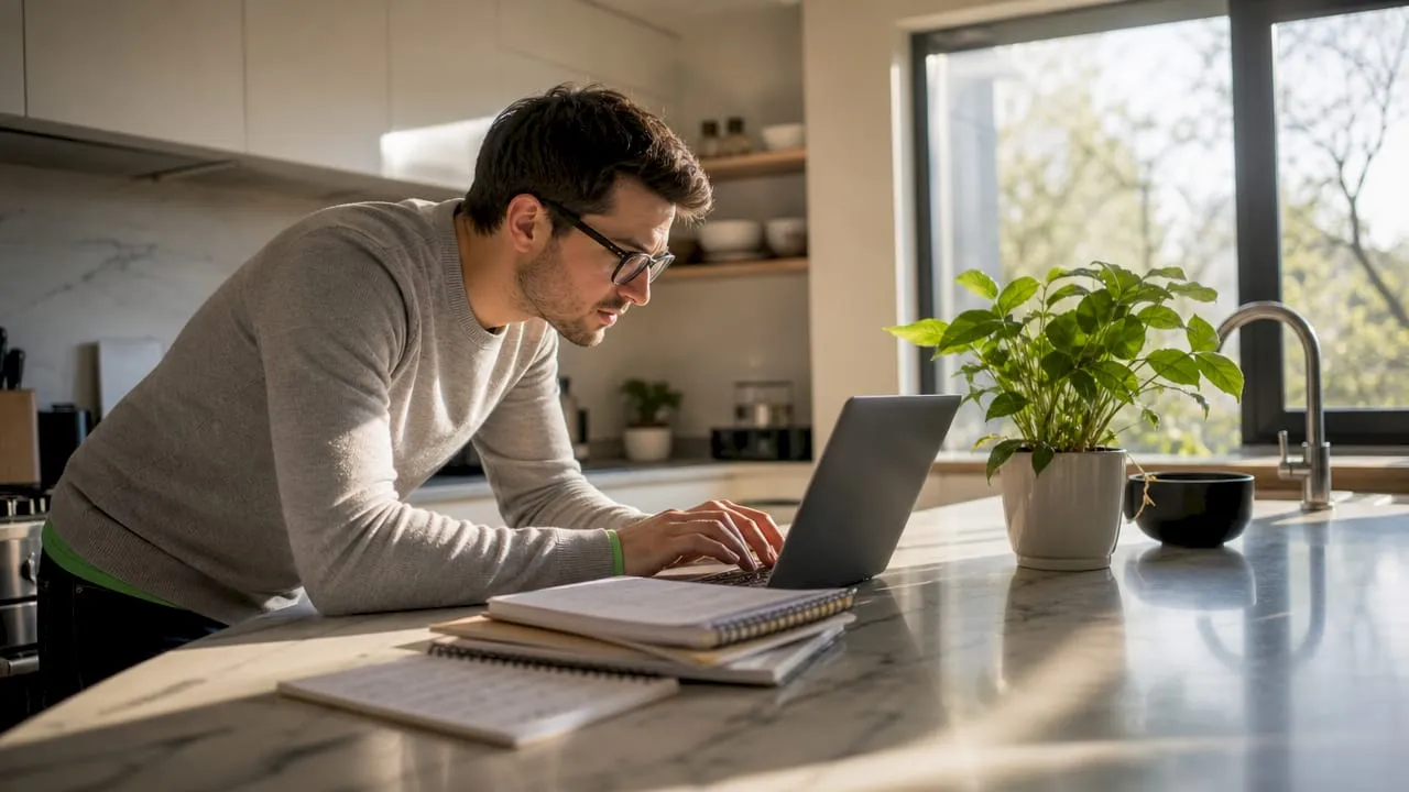 Content strategist typing SEO product descriptions