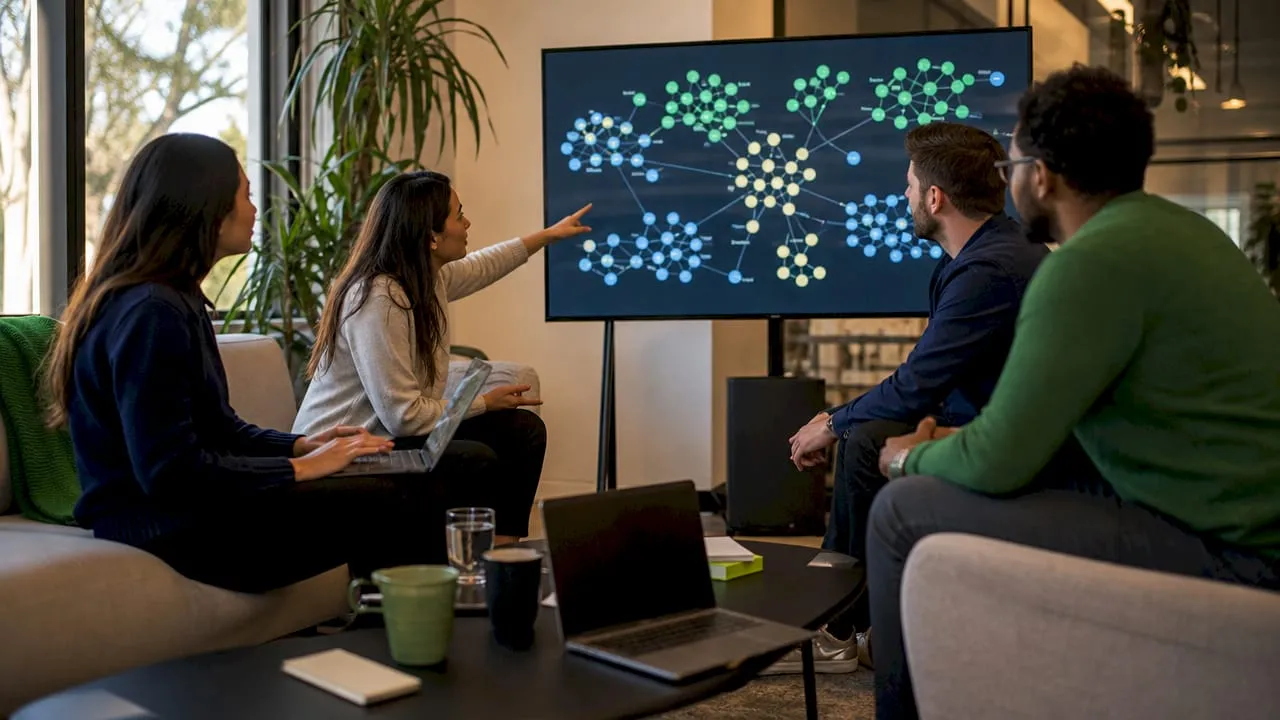 Team reviewing keyword cluster maps in meeting
