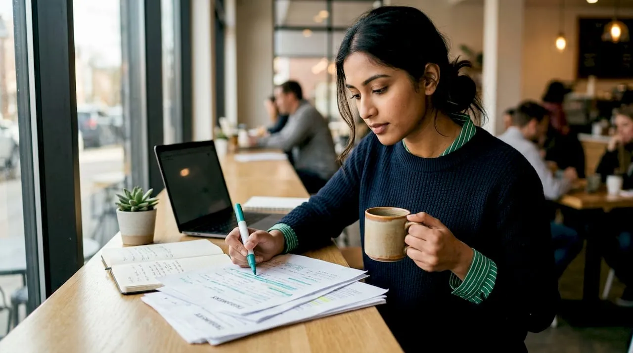 Woman reviewing trademark documents in home office
