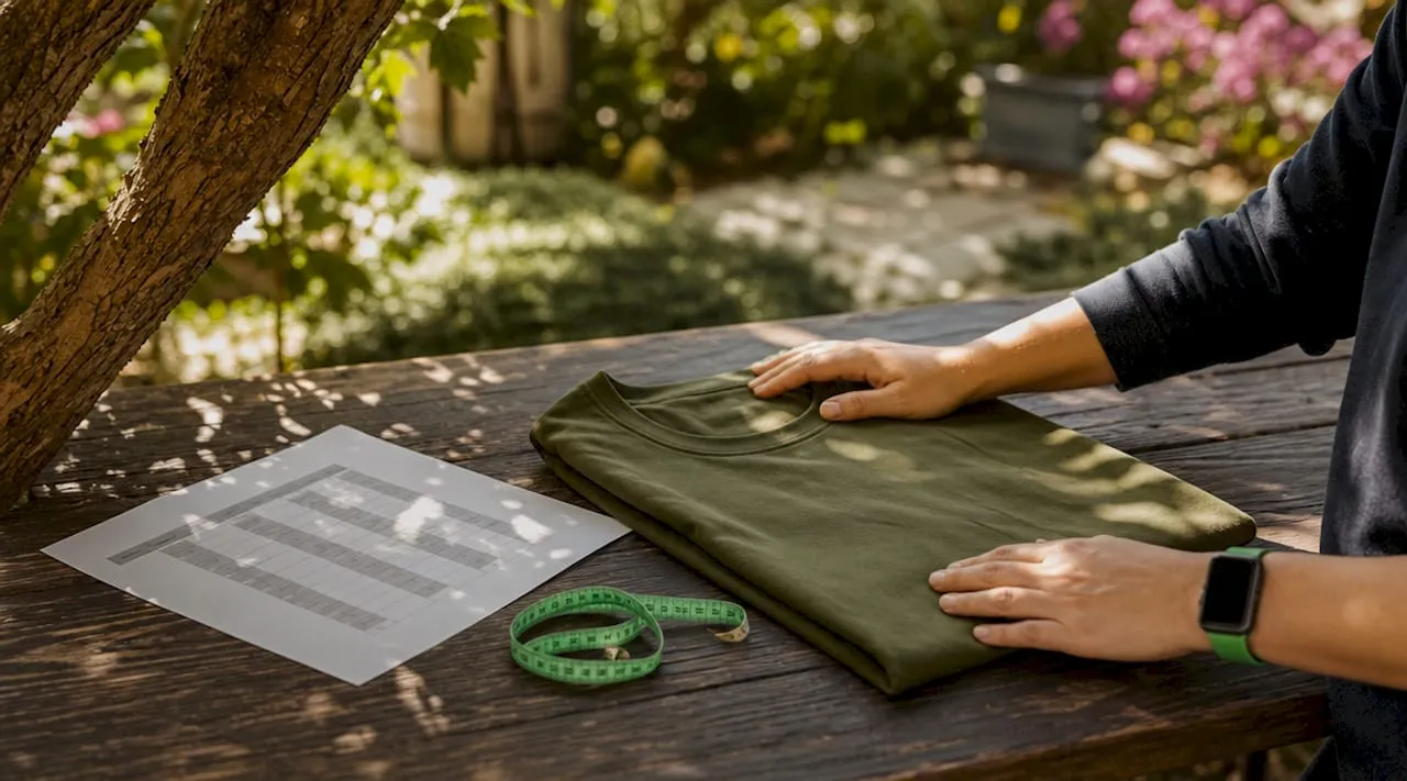 Size chart next to folded t-shirt and tape measure