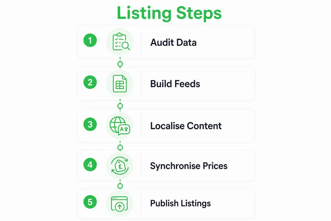 Infographic illustrating key multi-country listing steps
