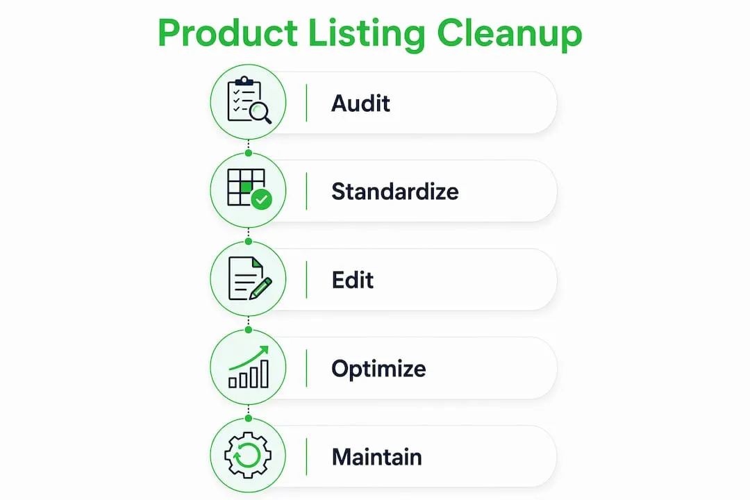 Infographic showing five step product listing cleanup process