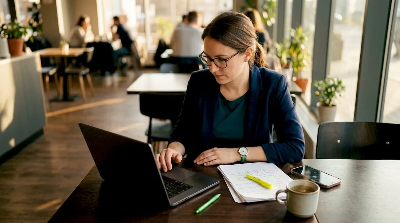 Woman reviewing product listings on laptop