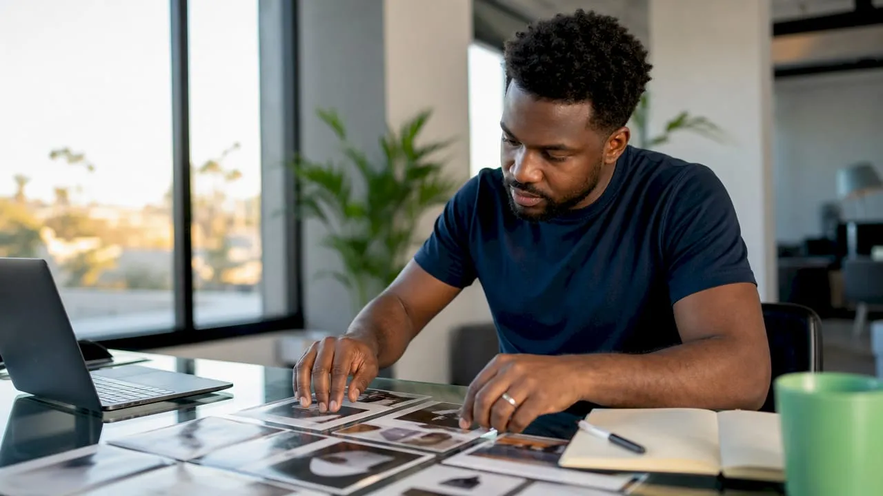 Hands arranging printed product photos on table