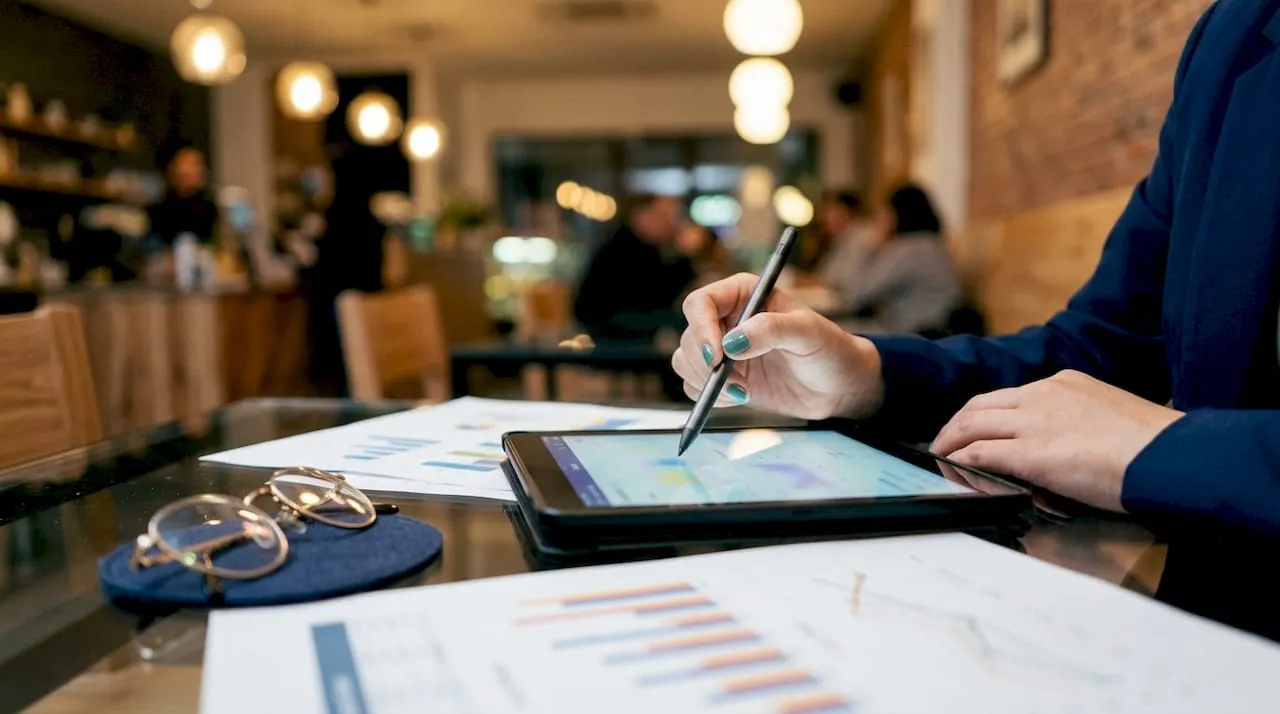 Hands analyzing product data on tablet