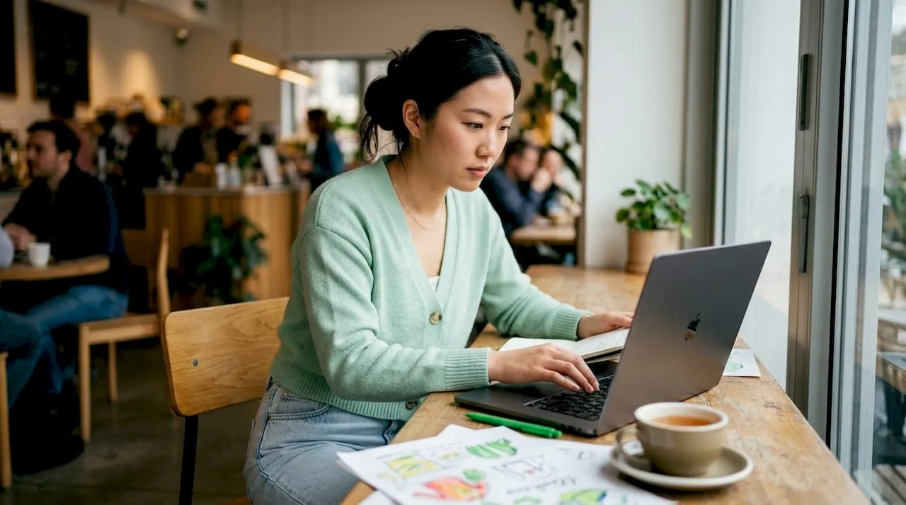 Woman creating product listing story on laptop