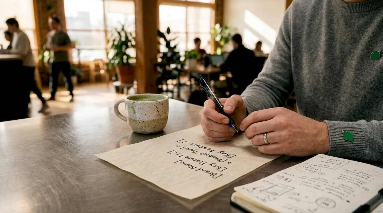 Overhead view of product title structure notes on table