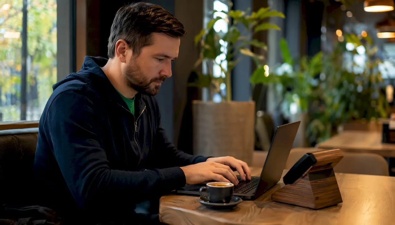 Hands typing on laptop with payment device
