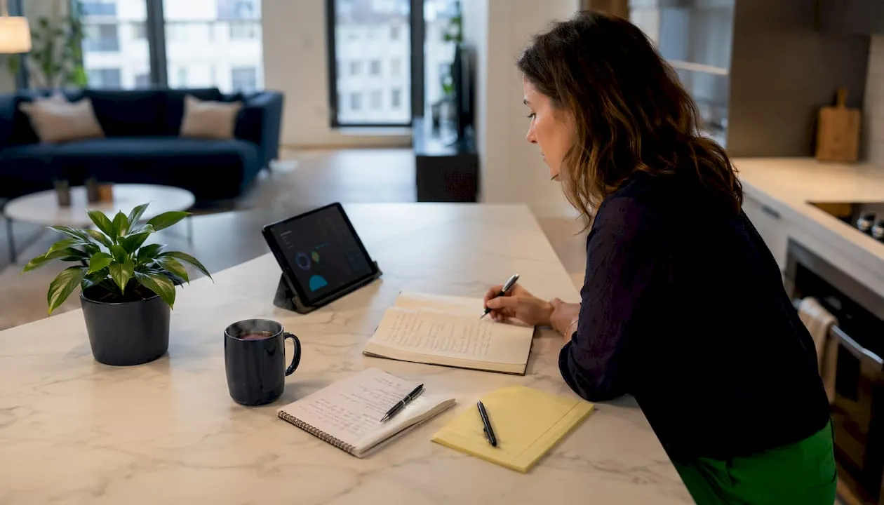 Marketer using AI content tools in home office