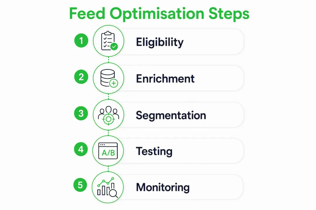 Infographic showing steps to optimise Google Shopping feeds