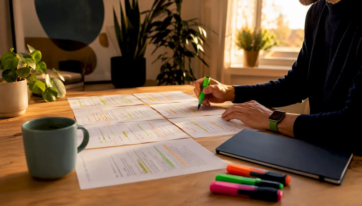 Close-up of hands editing product titles on printout
