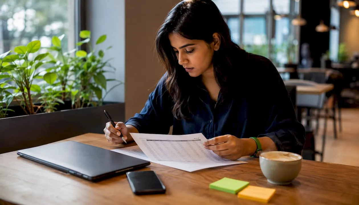 Woman reviewing Google Shopping product feed at desk