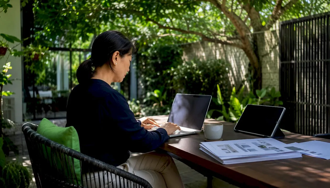 Woman working on automated product enrichment at home office