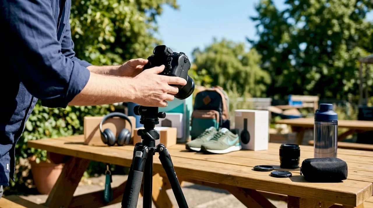 Hands setting up camera for product photoshoot