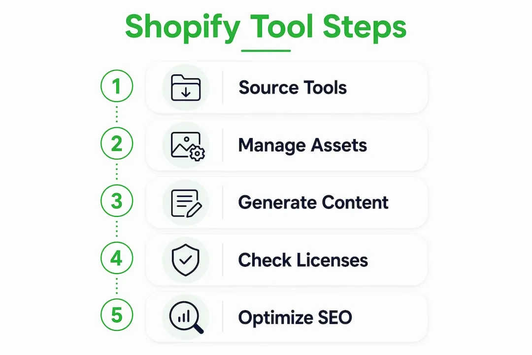 Infographic showing steps of copyright-free Shopify tools usage