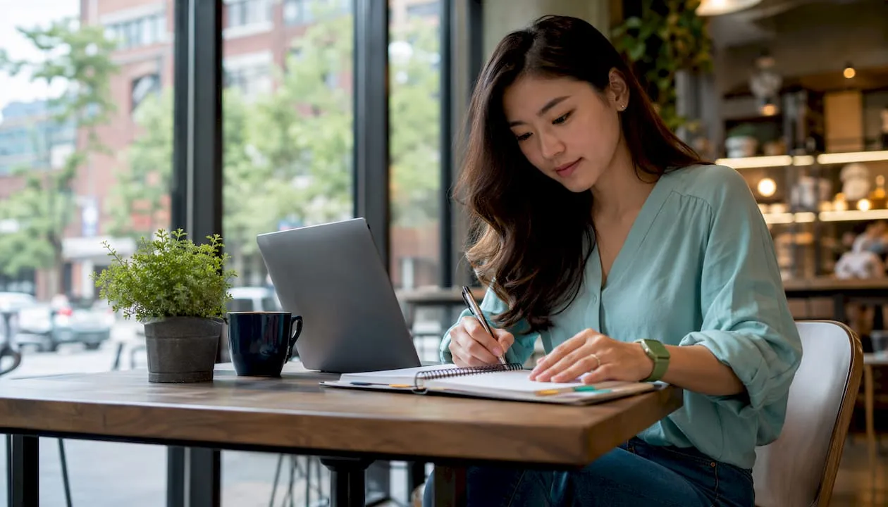Woman working on Shopify copyright tools at home