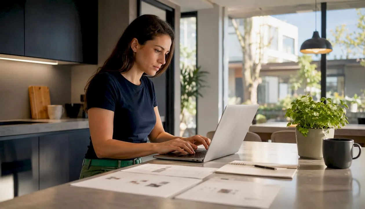 Woman working on Shopify SEO content at home office