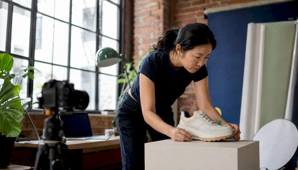 Ecommerce photographer arranging product for Shopify shoot