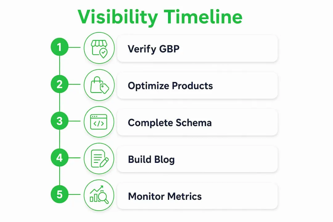 Infographic showing Shopify visibility steps timeline