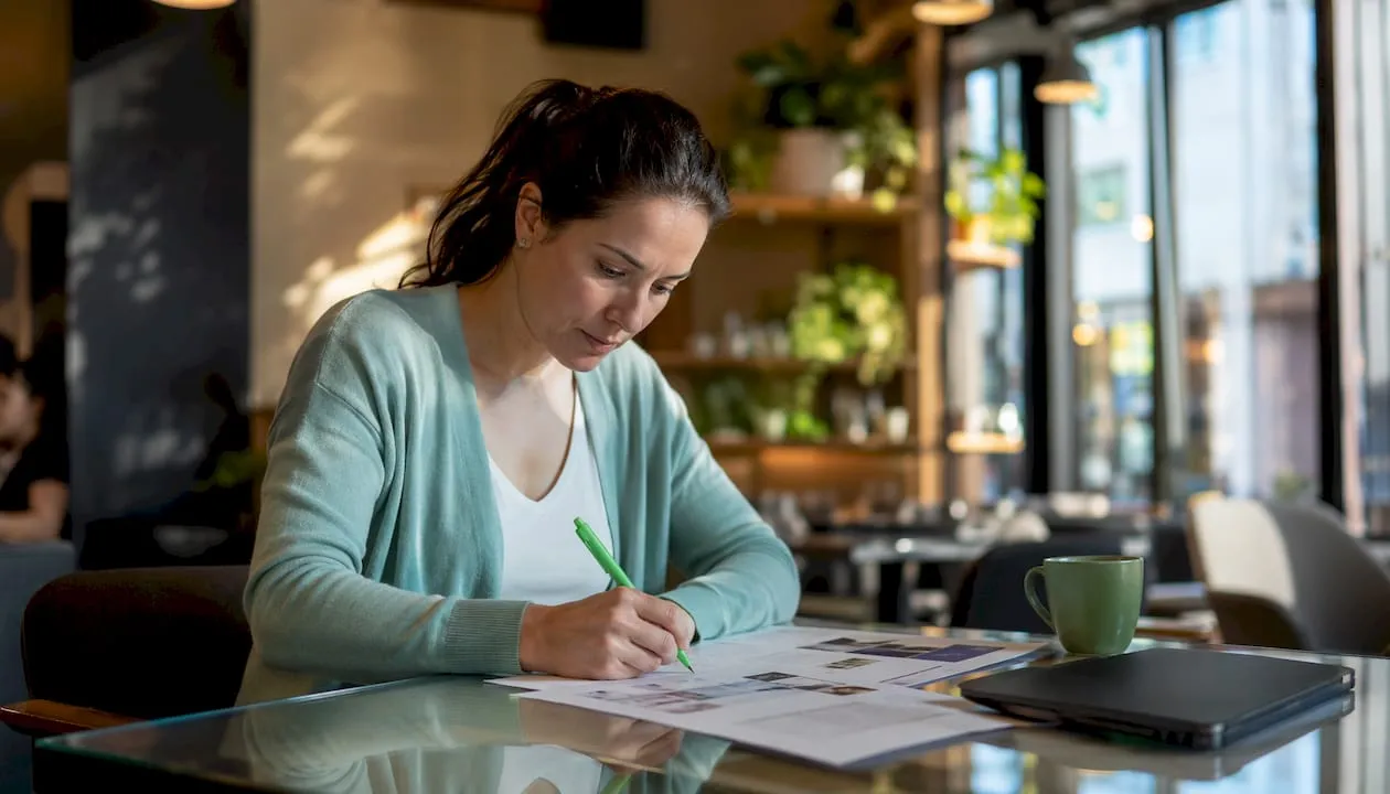 E-commerce manager planning product catalog at desk