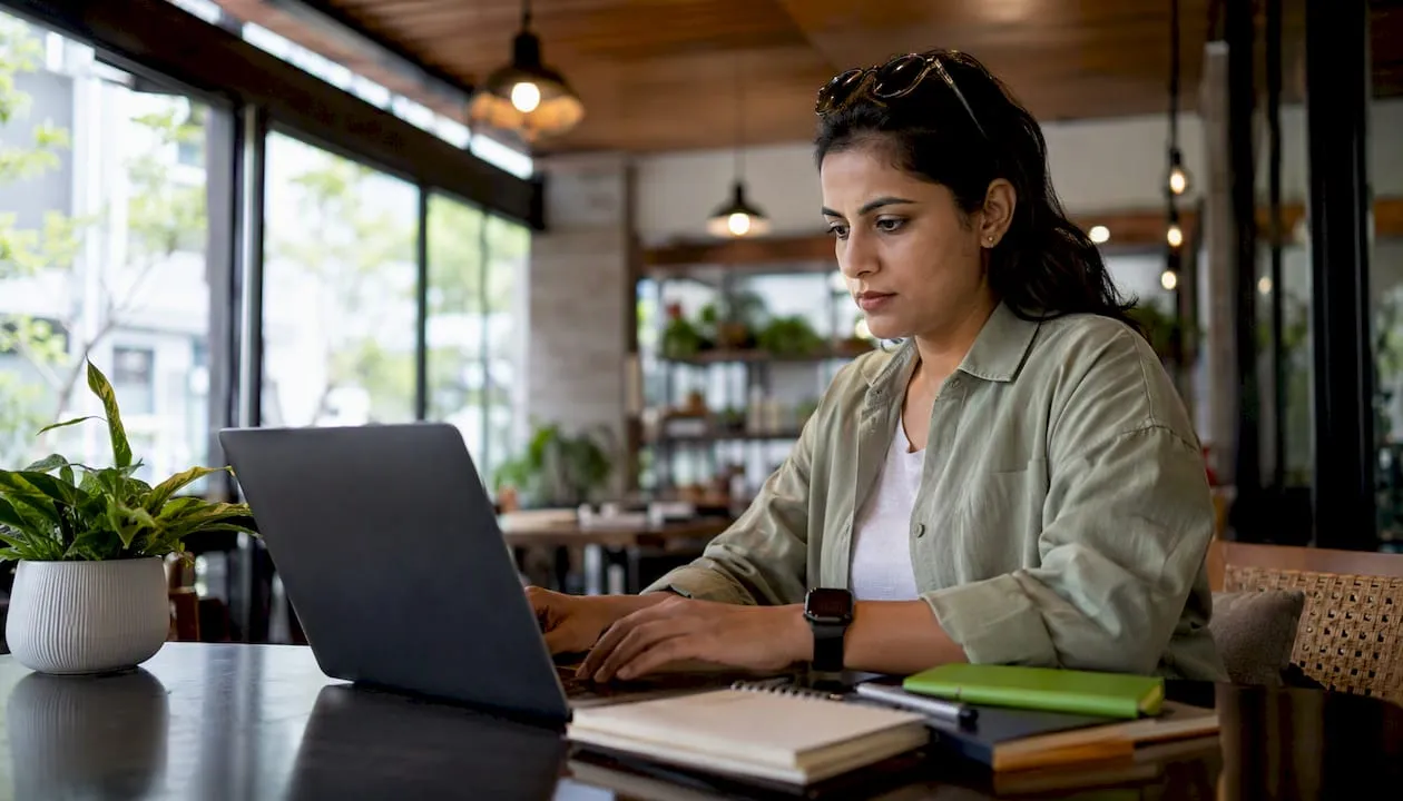 Woman working on Shopify page builder laptop