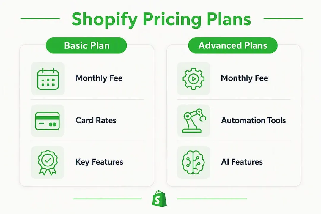 Infographic comparing Shopify pricing plans and features