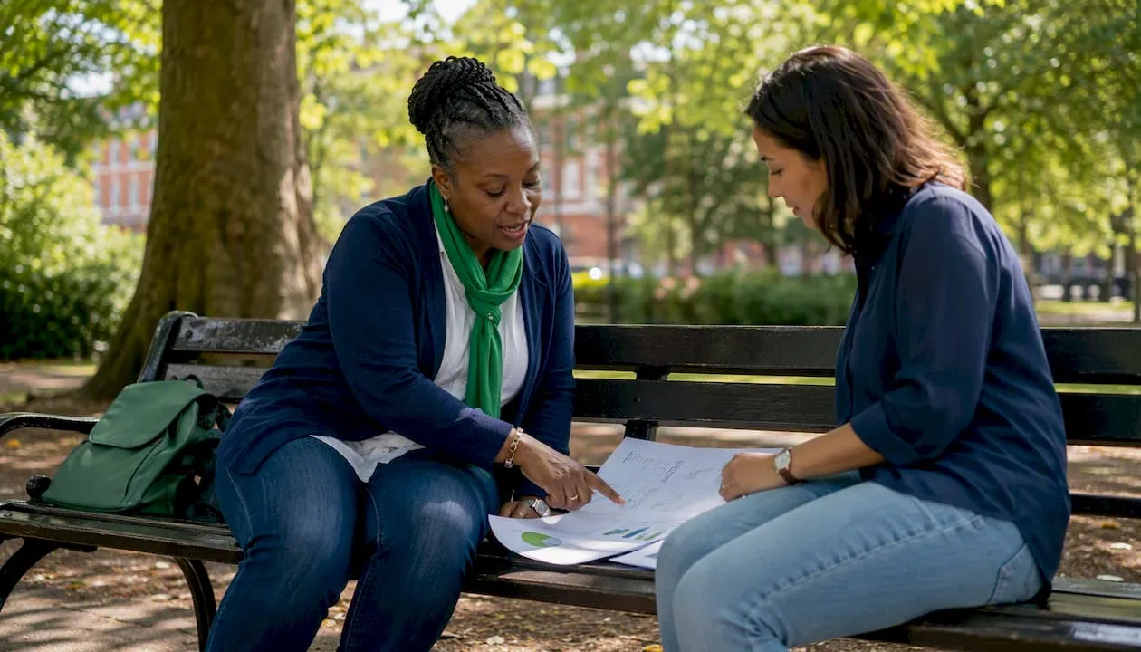 Two women discussing Shopify upgrade plans at café
