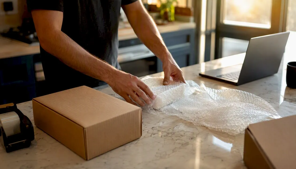 Hands packing parcel for dropshipping
