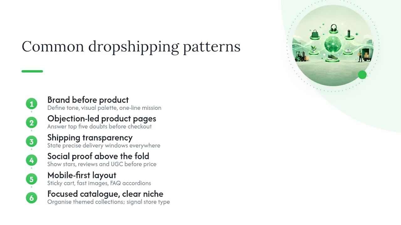 Diagram of six dropshipping success patterns